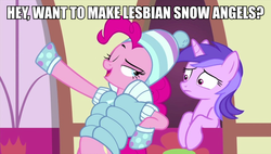 Size: 1192x675 | Tagged: safe, edit, edited screencap, screencap, amethyst star, pinkie pie, sparkler, earth pony, pony, unicorn, g4, hearth's warming shorts, interseason shorts, sundae sundae sundae, bipedal, bipedal leaning, caption, clothes, coat, female, hat, image macro, leaning, lesbian, mare, one eye closed, pinkieswirl, shipping, text, toque, winter clothes, wrong hairstyle