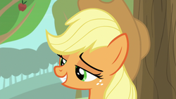 Size: 1280x720 | Tagged: safe, screencap, applejack, earth pony, pony, g4, going to seed, apple, apple tree, female, freckles, mare, solo, tree