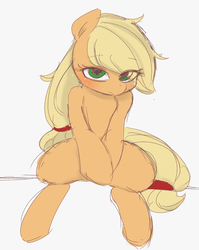 Size: 814x1024 | Tagged: safe, artist:manachaaaaaaaa, applejack, earth pony, pony, g4, cute, eye clipping through hair, female, gray background, hatless, jackabetes, looking at you, mare, missing accessory, pixiv, simple background, sitting, solo