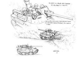Size: 1400x1092 | Tagged: safe, artist:baron engel, pony, roan rpg, grayscale, monochrome, pencil drawing, simple background, tank (vehicle), tank destroyer, traditional art, white background