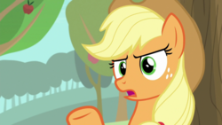 Size: 1920x1080 | Tagged: safe, screencap, applejack, earth pony, pony, g4, going to seed, apple, apple tree, female, freckles, mare, open mouth, raised hoof, solo, tree