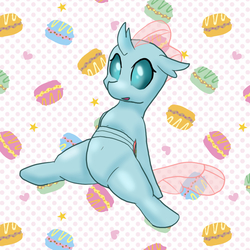 Size: 800x800 | Tagged: safe, artist:kushina13, ocellus, changedling, changeling, g4, belly button, cute, diaocelles, female, food, macaron, pixiv, sitting, solo
