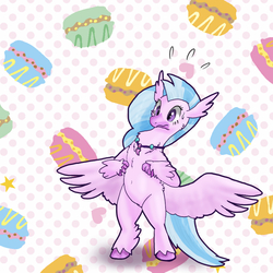 Size: 800x800 | Tagged: safe, artist:kushina13, silverstream, classical hippogriff, hippogriff, g4, abstract background, belly button, bipedal, birb, butt wings, cute, diastreamies, female, fluffy, food, macaron, pixiv, plewds, solo, sweat, sweatdrop, wings