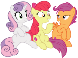 Size: 3279x2471 | Tagged: safe, artist:sebaslovetwilight, apple bloom, scootaloo, sweetie belle, earth pony, pegasus, pony, unicorn, g4, growing up is hard to do, cutie mark, cutie mark crusaders, high res, older, older apple bloom, older cmc, older scootaloo, older sweetie belle, simple background, sitting, smiling, the cmc's cutie marks, transparent background, vector