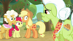 Size: 1280x720 | Tagged: safe, screencap, apple bloom, applejack, goldie delicious, granny smith, earth pony, pony, g4, going to seed, apple, apple tree, tree