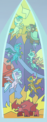 Size: 252x648 | Tagged: safe, screencap, gallus, ocellus, sandbar, silverstream, smolder, yona, changedling, changeling, classical hippogriff, dragon, earth pony, griffon, hippogriff, pony, yak, g4, the last problem, bow, cropped, dragoness, female, hair bow, male, noodle incident, stained glass, student six, teenager, the red beast, toasty rhino boi