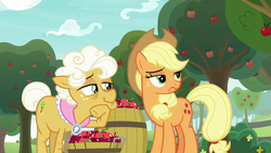Size: 1280x720 | Tagged: safe, screencap, applejack, goldie delicious, pony, g4, going to seed, apple, apple tree, barrel, tree