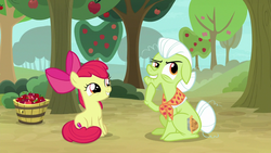 Size: 1280x720 | Tagged: safe, screencap, apple bloom, granny smith, earth pony, pony, g4, going to seed, apple, apple tree, tree