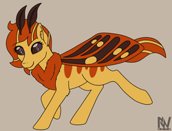 Size: 1032x785 | Tagged: safe, artist:nightwind-arts, oc, oc only, oc:valerie, moth, mothpony, original species, antennae, ear fluff, female, fluffy, mare, neck fluff, simple background, smiling, solo, walking