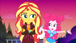 Size: 1920x1080 | Tagged: safe, screencap, max steele, pinkie pie, sunset shimmer, equestria girls, equestria girls series, g4, sunset's backstage pass!, spoiler:eqg series (season 2), clothes, crossed arms, cute, diapinkes, female, geode of sugar bombs, jacket, magical geodes, male, music festival outfit, raised eyebrow, security guard, shimmerbetes, smiling