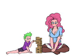 Size: 3451x2539 | Tagged: safe, artist:franschesco, pinkie pie, spike, human, g4, belt, blushing, breasts, busty pinkie pie, clothes, cute, feet, high res, human spike, humanized, jenga, male, male feet, miniskirt, one eye closed, pantyhose, playing, shorts, simple background, skirt, stockings, thigh highs, white background