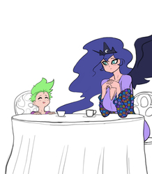 Size: 3054x3508 | Tagged: safe, artist:franschesco, princess luna, spike, human, g4, age difference, alicorn humanization, breasts, busty princess luna, eyes closed, food, high res, horn, horned humanization, human spike, humanized, implied shipping, implied spiluna, open mouth, sitting, tea, winged humanization, wings