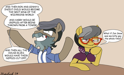 Size: 1521x927 | Tagged: safe, artist:strebiskunk, a.k. yearling, daring do, doctor caballeron, earth pony, pegasus, pony, daring doubt, g4, beard, blushing, cape, clothes, dialogue, duo, facial hair, fake beard, female, fujoshi, game of thrones, george r.r. martin, glasses, groom q.q. martingale, harry potter (series), hat, implied incest, implied mutilation, jk rowling, male, mare, speech bubble, stallion