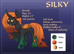 Size: 1045x764 | Tagged: safe, artist:cadetredshirt, oc, oc only, oc:silky, changeling, pony, changeling oc, commission, full body, gradient background, looking at you, orange changeling, reference sheet, smiling, solo, two toned eyes, two toned mane