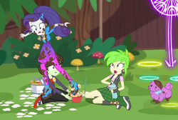 Size: 1112x748 | Tagged: safe, screencap, cherry crash, princess thunder guts, rarity, sophisticata, dog, equestria girls, g4, lost and pound, lost and pound: rarity, my little pony equestria girls: choose your own ending, basket, boots, bowl, chase, chopsticks, clothes, cropped, dress, egg (food), female, fingerless gloves, food, gloves, marshmelodrama, miniskirt, mud, muddy, music festival outfit, noodle bowl, noodles, pantyhose, picnic, picnic basket, plaid skirt, puppy, rarity being rarity, shoes, skirt, water bottle, wide eyes