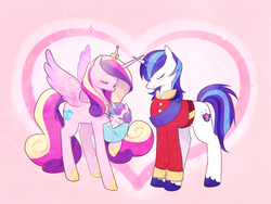 Size: 2000x1500 | Tagged: safe, artist:kkmrarar, princess cadance, princess flurry heart, shining armor, alicorn, pony, unicorn, clothes, colored hooves, crossed horns, family, female, filly, heart, heart background, hoof sucking, horn, horns are touching, male, mare, shiningcadance, shipping, stallion, straight, uniform, unshorn fetlocks