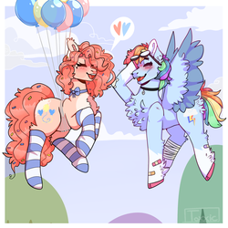 Size: 2000x2000 | Tagged: safe, artist:plagued-arts, pinkie pie, rainbow dash, earth pony, pegasus, pony, g4, balloon, bandaid, blushing, bow, chest fluff, choker, clothes, cutie mark, eyes closed, female, floating, goggles, heart, high res, lesbian, mare, open mouth, pale belly, ship:pinkiedash, shipping, smiling, socks, striped socks, then watch her balloons lift her up to the sky