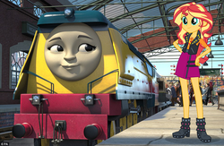 Size: 962x629 | Tagged: safe, artist:mrdankengine, sunset shimmer, equestria girls, g4, my little pony equestria girls: better together, rebecca the happy engine, thomas the tank engine, train, train station