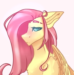 Size: 2149x2160 | Tagged: safe, artist:doodleroodle, fluttershy, pegasus, pony, g4, blushing, bust, female, hair over one eye, high res, portrait, solo