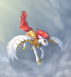 Size: 2500x2700 | Tagged: safe, artist:yarugreat, oc, oc only, oc:faithblade, pegasus, pony, armor, blade, floppy ears, flying, guardian, high res, pegasus oc, sky, solo, weapon, wingblade