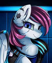 Size: 1443x1764 | Tagged: safe, artist:pridark, oc, oc only, oc:astral heart, pegasus, pony, robot, augmented, clothes, cyberpunk, female, looking at you, mare, smiling