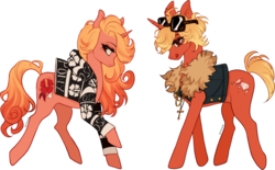 Size: 3643x2256 | Tagged: safe, artist:pictorch, pony, unicorn, accessory, beauty mark, blonde, clothes, curls, curly hair, curly mane, ear piercing, earring, fashion, female, gyaru, high res, jacket, jewelry, male, mare, mole, multicolored hair, multicolored name, piercing, short hair, short mane, short tail, simple background, stallion, sunglasses, transparent background, two toned hair, two toned mane, vest