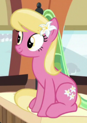 Size: 242x339 | Tagged: safe, screencap, lily, lily valley, earth pony, pony, g4, growing up is hard to do, background pony, cropped, cute, female, flower, flower in hair, lily (flower), lilybetes, mare, sitting, smiling, solo, train