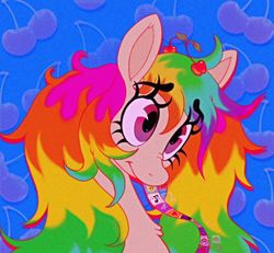 Size: 1024x946 | Tagged: safe, artist:littmosa, oc, oc only, oc:cacophony, pony, bust, cherry, curly hair, curly mane, cute, eyelashes, female, food, long eyelashes, looking up, mare, multicolored hair, needs more jpeg, needs more saturation, nose wrinkle, pigtails, portrait, rainbow, rainbow hair, scrunchy face, shy, smiling, solo