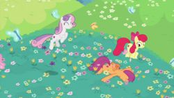 Size: 2000x1124 | Tagged: safe, screencap, apple bloom, scootaloo, sweetie belle, butterfly, earth pony, insect, pegasus, pony, unicorn, g4, growing up is hard to do, season 9, being big is all it takes, cutie mark, cutie mark crusaders, eyes closed, face down, faceplant, female, flower, frolicking, leaping, mare, meadow, older, older apple bloom, older cmc, older scootaloo, older sweetie belle, the cmc's cutie marks