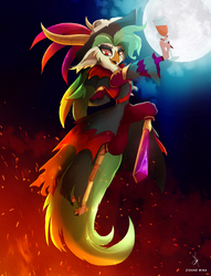 Size: 3366x4414 | Tagged: safe, artist:zidanemina, captain celaeno, bird, parrot pirates, vampire, anthro, g4, my little pony: the movie, amputee, beautiful, beauty mark, clothes, drink, female, full moon, glass, halloween, hat, holiday, juice, moon, night, open mouth, pirate, prosthetic leg, prosthetic limb, prosthetics, red eyes, sexy, skull, solo