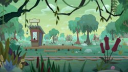 Size: 2000x1124 | Tagged: safe, screencap, g4, growing up is hard to do, season 9, background, building, cattails, hayseed junction, hayseed swamp, house, mangrove tree, no pony, reeds, scenery, scenic ponyville, swamp, ticket booth, train station, tree, vine