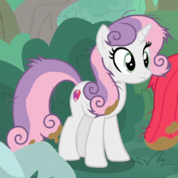 Size: 360x360 | Tagged: safe, screencap, apple bloom, sweetie belle, pony, unicorn, g4, growing up is hard to do, animated, bruised, cropped, cute, cutie mark, female, gif, mare, messy mane, mud, older, older apple bloom, older sweetie belle, solo focus, the cmc's cutie marks
