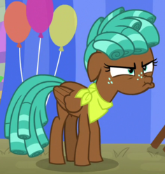 Size: 442x468 | Tagged: safe, screencap, spur, pegasus, pony, g4, growing up is hard to do, balloon, bandana, cropped, faic, female, pouting, ringlets, solo, teenager