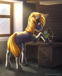 Size: 2300x2800 | Tagged: safe, artist:yarugreat, oc, oc only, cyborg, pony, unicorn, amputee, circuit board, cyber legs, high res, magnifying glass, prosthetic limb, prosthetics, quadruple amputee, solo