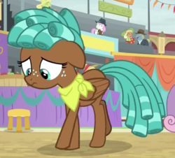 Size: 1212x1094 | Tagged: safe, screencap, bush league, rose spur, spur, pegasus, pony, g4, growing up is hard to do, background pony, bandana, cropped, female, ringlets, sad, solo focus, teenager