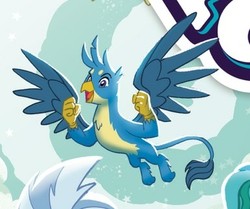 Size: 385x322 | Tagged: safe, artist:tony fleecs, idw, gallus, sandbar, silverstream, griffon, g4, spoiler:comic, spoiler:comicfeatsoffriendship02, chest fluff, claws, cropped, curled toes, dio brando, flying, jojo's bizarre adventure, male, offscreen character, paws, solo focus, spread wings, wings