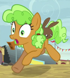 Size: 359x401 | Tagged: safe, screencap, apple brown betty, earth pony, pony, rabbit, g4, growing up is hard to do, animal, apple family member, background pony, cropped, duo, female, mare, running away, scared