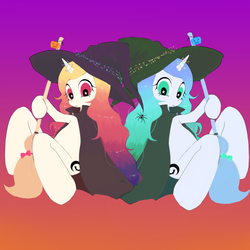 Size: 1024x1024 | Tagged: artist needed, source needed, safe, oc, oc only, pony, broom, duo, female, halloween, hat, holiday, mare, witch, witch hat, witch's broom