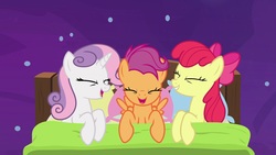 Size: 1920x1080 | Tagged: safe, screencap, apple bloom, scootaloo, sweetie belle, earth pony, pegasus, pony, unicorn, g4, growing up is hard to do, bed, being big is all it takes, cutie mark crusaders, eyes closed, female, mare, older, older apple bloom, older cmc, older scootaloo, older sweetie belle, space, trio