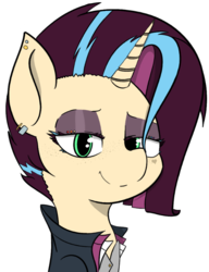 Size: 601x782 | Tagged: safe, alternate version, artist:pinkberry, oc, oc only, oc:mulberry merlot, pony, unicorn, alternate hairstyle, bust, clothes, colored, drawpile, eyes closed, female, freckles, heart on cheek, horn, jacket, looking at you, makeup, piercing, popped collar, punk, simple background, simple shading, solo, unicorn oc, white background