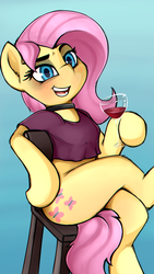 Size: 3240x5760 | Tagged: safe, artist:anon_1515, fluttershy, pegasus, pony, semi-anthro, g4, absurd resolution, alcohol, arm hooves, bedroom eyes, blushing, bottomless, chair, choker, chokershy, chromatic aberration, clothes, crossed legs, eyebrows, eyelashes, eyeshadow, female, glass, head tilt, human shoulders, leaning back, looking at you, makeup, mare, open mouth, partial nudity, shirt, simple background, sitting, smiling, strategically covered, tail between legs, thighs, wallpaper, wine, wine glass