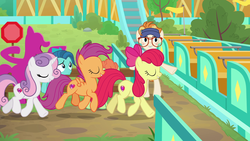 Size: 1920x1080 | Tagged: safe, screencap, apple bloom, berry star, dave the intern, scootaloo, shuffle step, sweetie belle, earth pony, pony, g4, growing up is hard to do, being big is all it takes, colt, cutie mark crusaders, male, older
