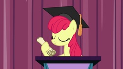 Size: 1920x1080 | Tagged: safe, screencap, apple bloom, earth pony, pony, g4, growing up is hard to do, being big is all it takes, female, graduation cap, hat, older, scroll, solo