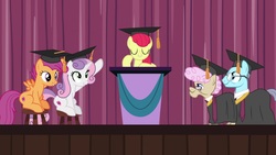 Size: 1920x1080 | Tagged: safe, screencap, apple bloom, aquamarine robe, rosy sapphire, scootaloo, sweetie belle, earth pony, pony, g4, growing up is hard to do, being big is all it takes, cutie mark crusaders, female, graduation cap, hat, older, solo