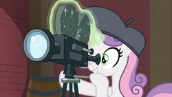 Size: 1920x1080 | Tagged: safe, screencap, sweetie belle, pony, g4, growing up is hard to do, being big is all it takes, beret, camera, female, hat, magic, older, solo