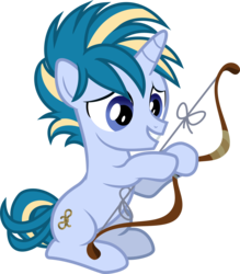 Size: 3623x4136 | Tagged: safe, artist:sollace, skeedaddle, pony, unicorn, g4, the last crusade, .svg available, bow, bow (weapon), colt, cutie mark, foal, male, show accurate, simple background, sitting, smiling, solo, transparent background, vector
