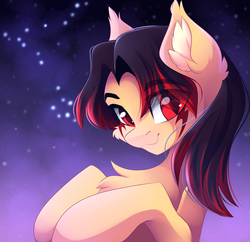 Size: 2377x2299 | Tagged: safe, artist:airiniblock, oc, oc only, pony, chest fluff, commission, eye clipping through hair, high res, night, red eyes, smiling, solo, stars