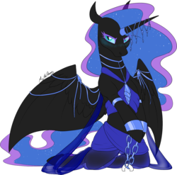 Size: 1149x1135 | Tagged: dead source, safe, alternate version, artist:mythpony, nightmare moon, alicorn, pony, g4, belly dancer, blushing, chains, clothes, cuffs, female, horn, horn ring, kneeling, looking at you, mare, see-through, signature, simple background, slit pupils, solo, transparent background