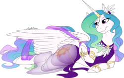 Size: 1401x880 | Tagged: dead source, safe, alternate version, artist:mythpony, princess celestia, alicorn, pony, g4, belly dancer, clothes, draw me like one of your french girls, female, horn, lying down, mare, praise the sun, see-through, signature, simple background, solo, spread wings, stupid sexy celestia, transparent background, wings