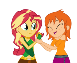 Size: 3000x2473 | Tagged: safe, artist:lhenao, sunset shimmer, oc, oc:chrystine mirage, human, equestria girls, g4, belt, canon x oc, clothes, clothes swap, cute, female, freckles, gloves, high res, lesbian, skirt